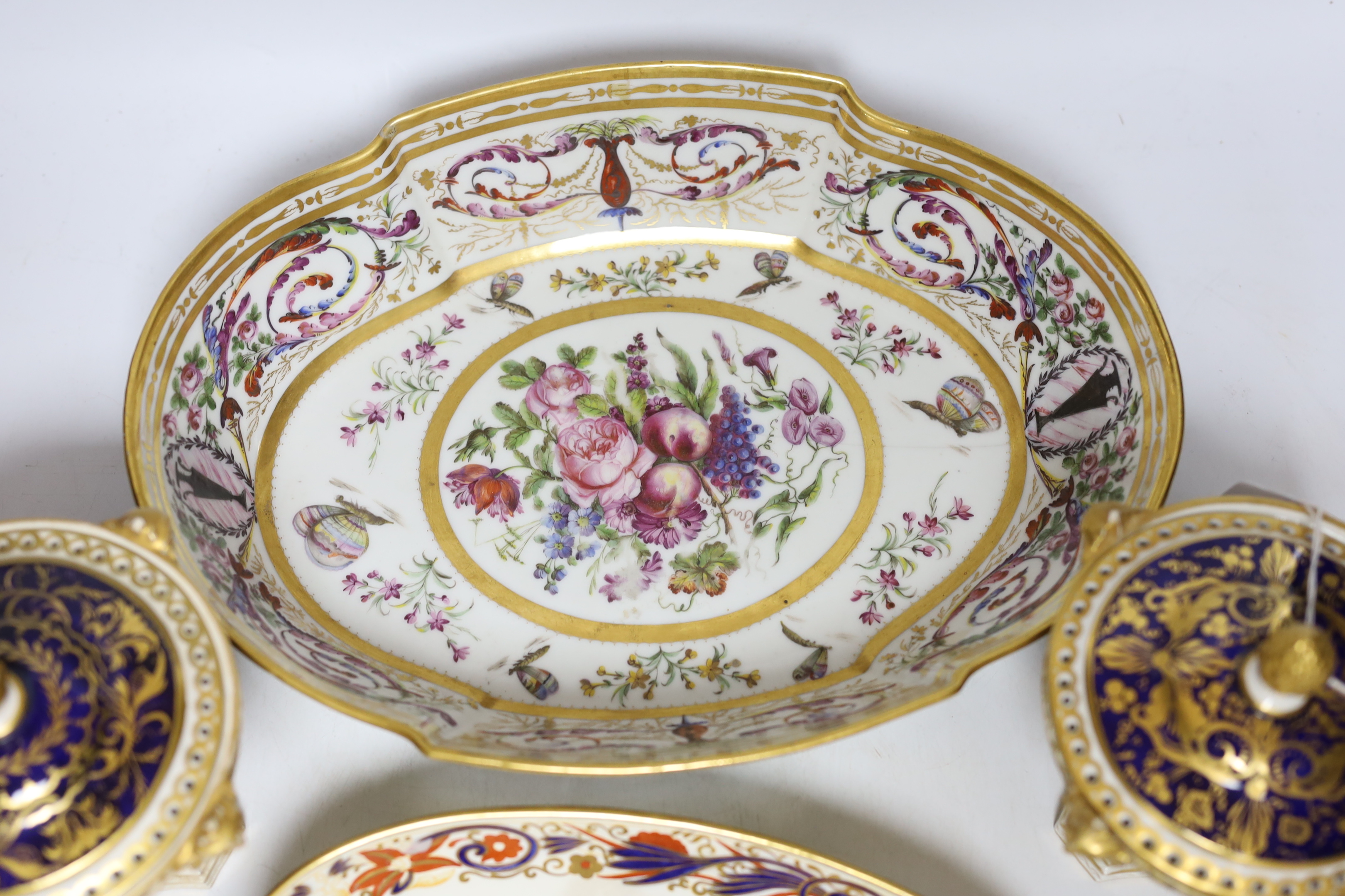 A pair of 19th century Derby pot pourri, a Wedgwood Imari dish, an early 19th century Paris porcelain dish and a Limoges trinket box